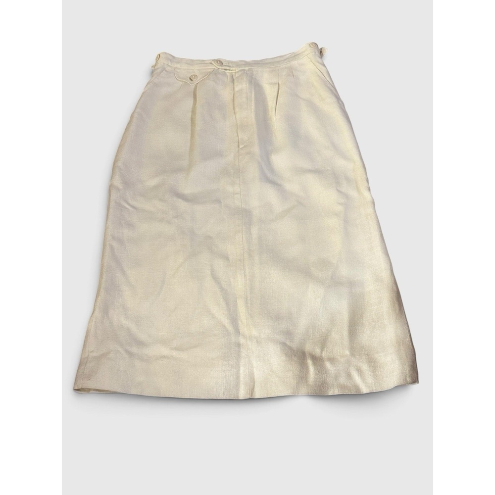 Vintage Linen Midi Skirt 12 Cream Ivory Old Money High Waist Button Tab Pencil